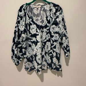 LOFT Navy and White Floral Blouse